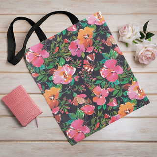 Lina vai kokvilnas auduma maisiņš «Rozā ziedi uz melna fona» | Kolekcija «Aquarello»